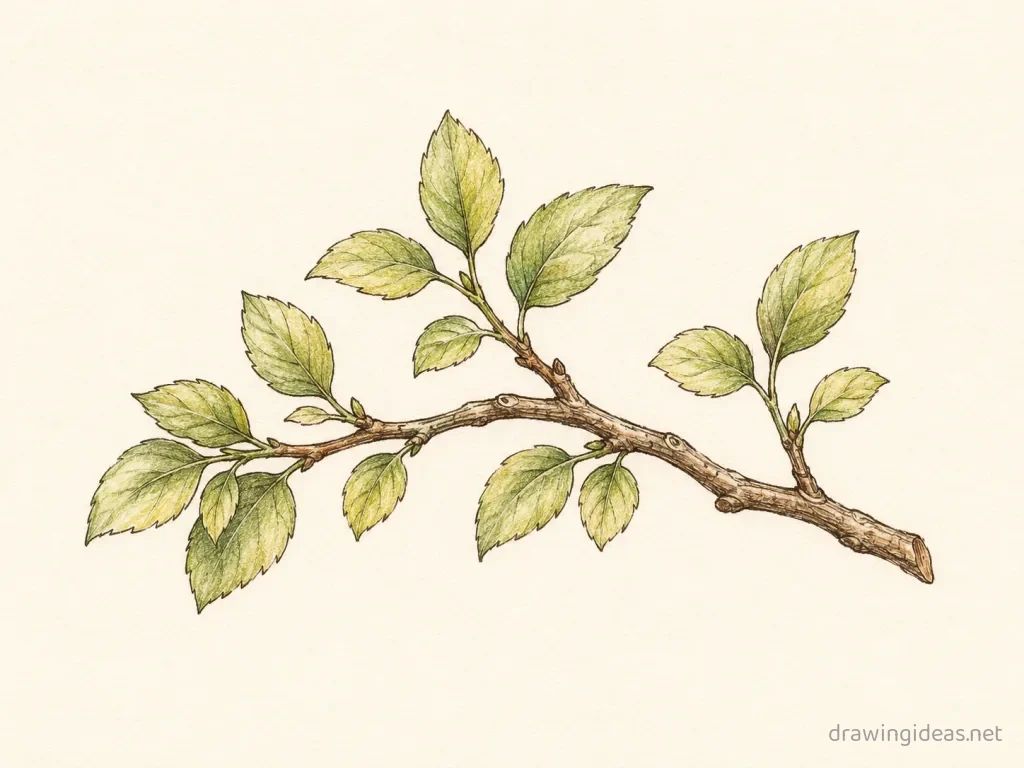 Tree Branch drawing — hand-drawn tree branch illustration with ink lines and soft colors