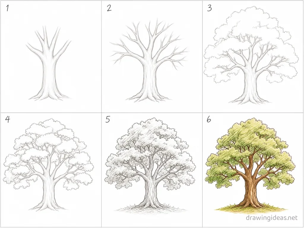 How to draw a tree step by step — 6-step tree drawing tutorial grid