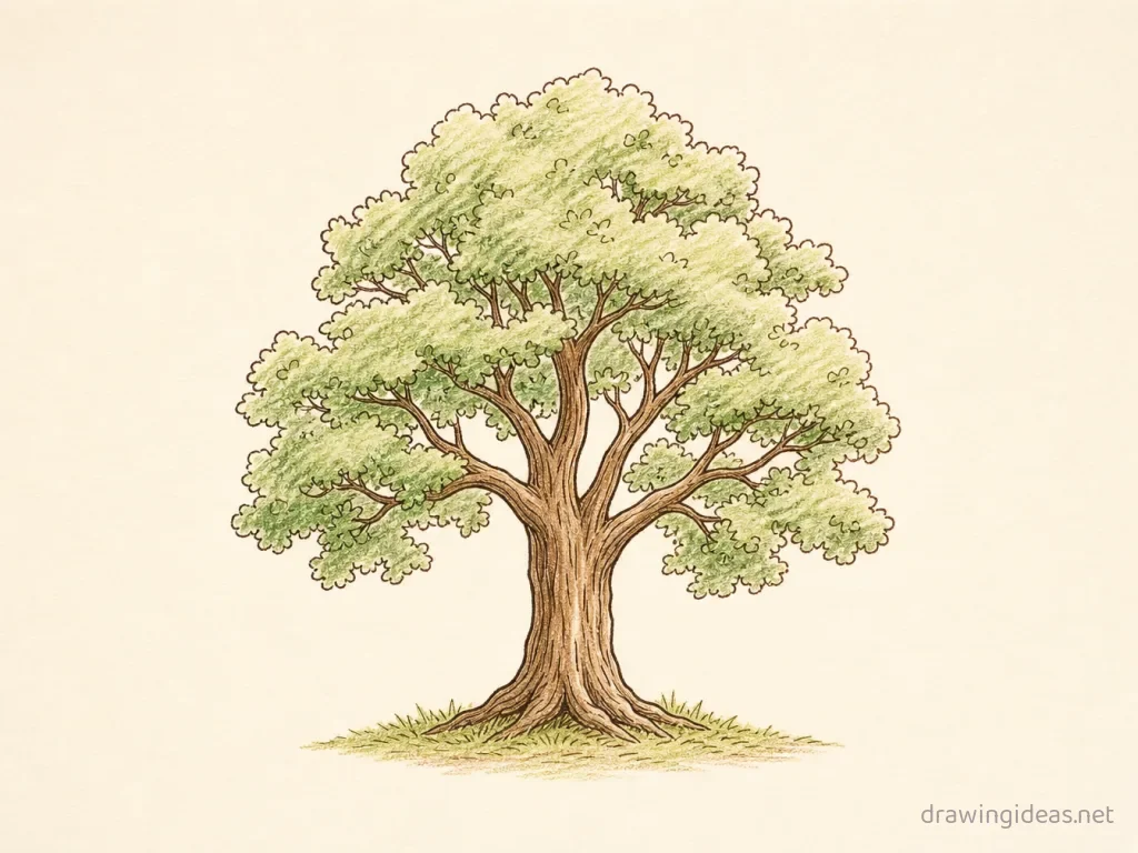 Tree drawing — hand-drawn tree illustration with ink lines and soft colors