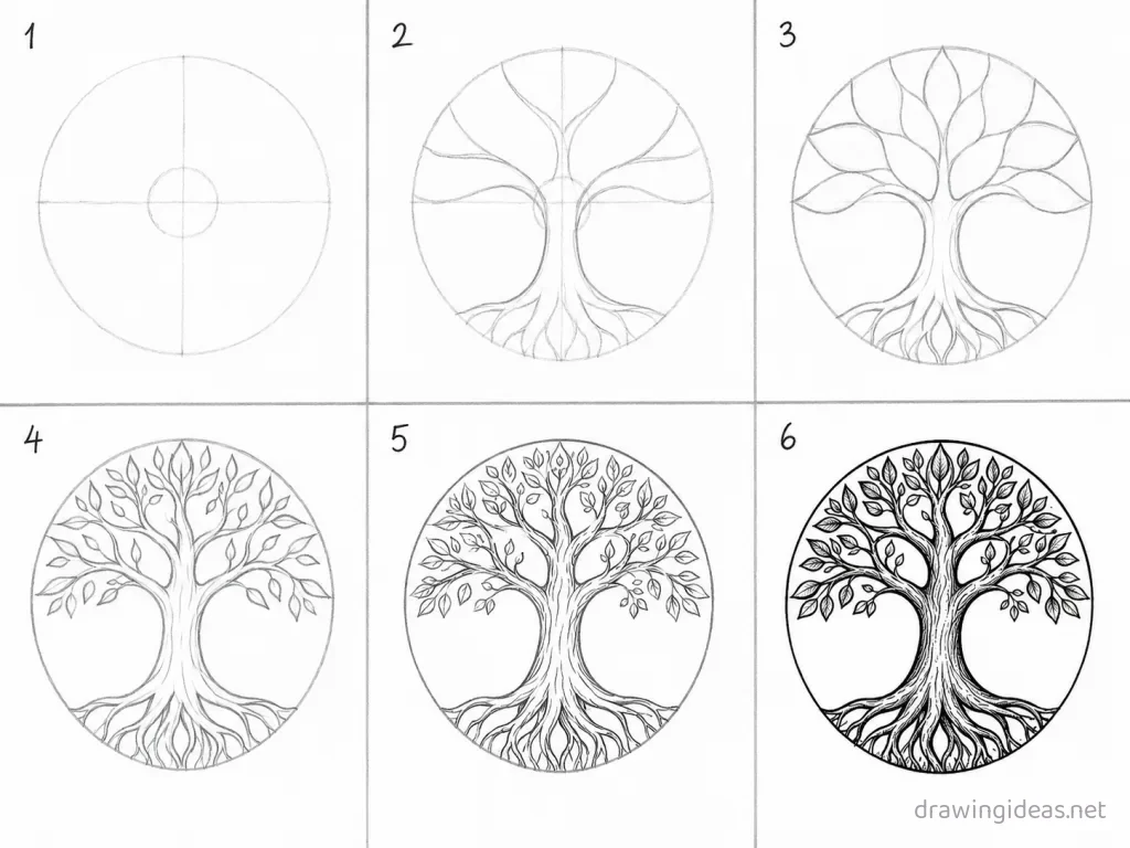 How to draw a tree of life step by step — 6-step tree of life drawing tutorial grid