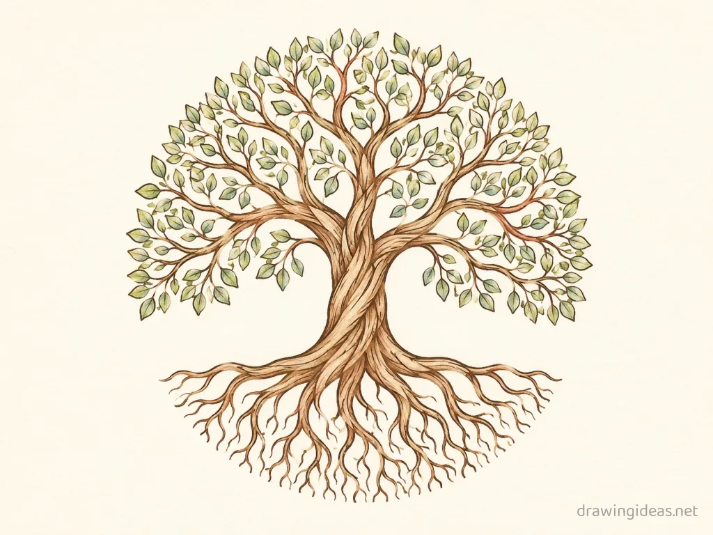 Tree of Life drawing — hand-drawn tree of life illustration with ink lines and soft colors