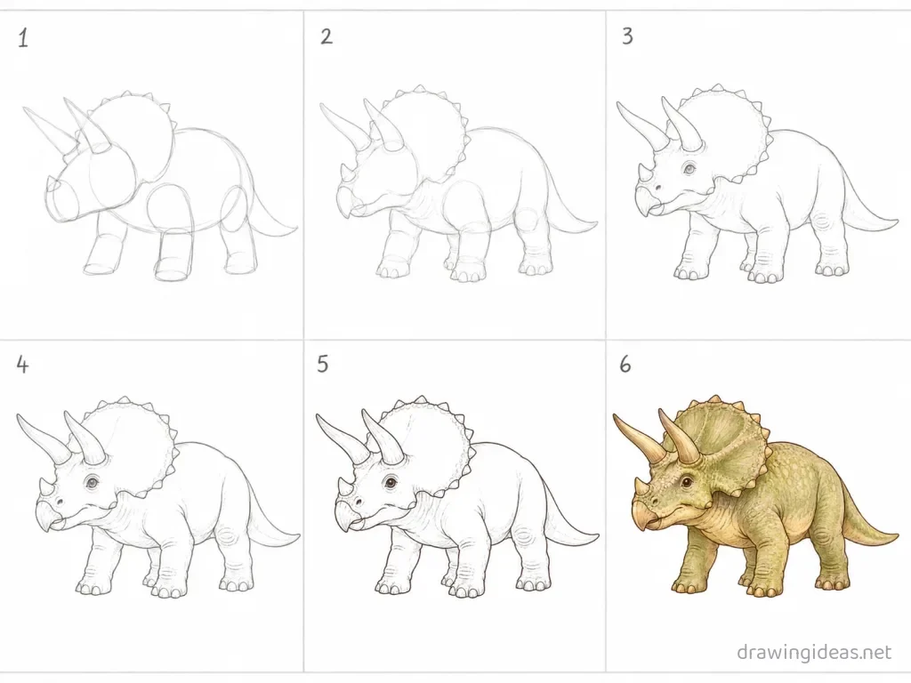 How to draw a triceratops step by step — 6-step triceratops drawing tutorial grid