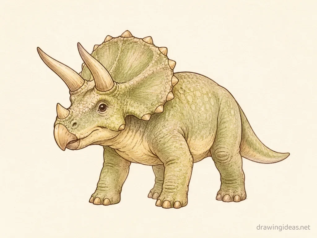 Triceratops drawing — hand-drawn triceratops illustration with ink lines and soft colors