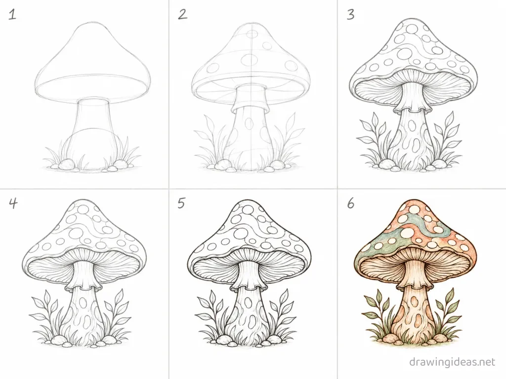 How to draw a trippy mushroom step by step — 6-step trippy mushroom drawing tutorial grid
