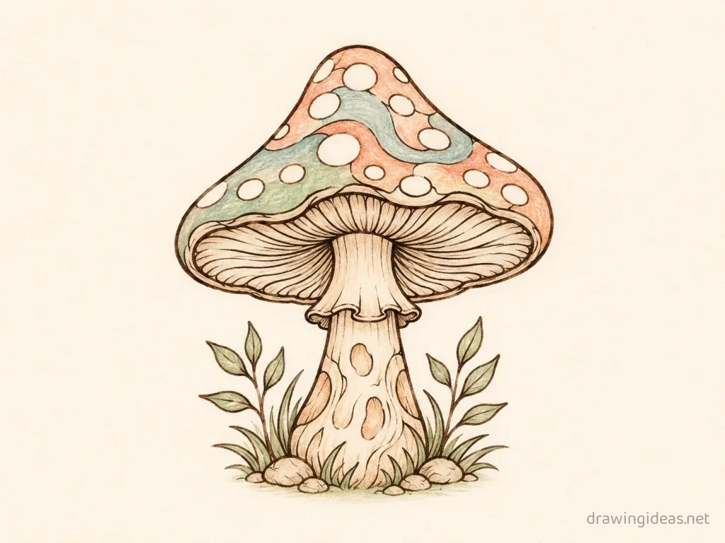 Trippy Mushroom drawing ā hand-drawn trippy mushroom illustration with ink lines and soft colors