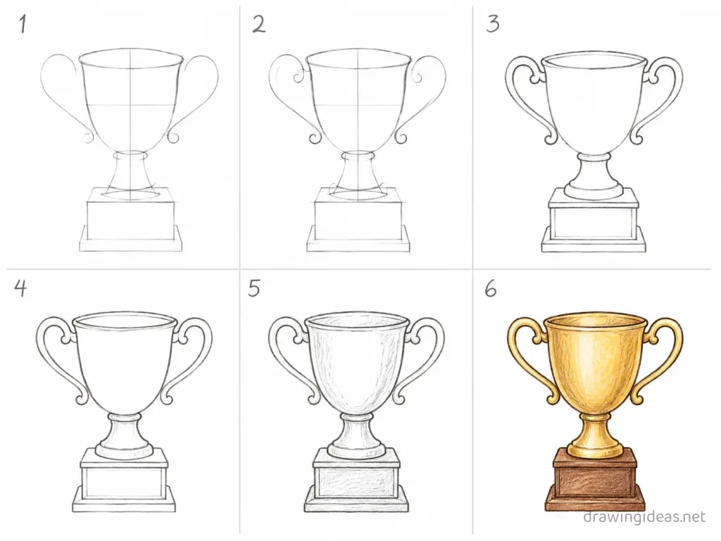 How to draw a trophy step by step — 6-step trophy drawing tutorial grid