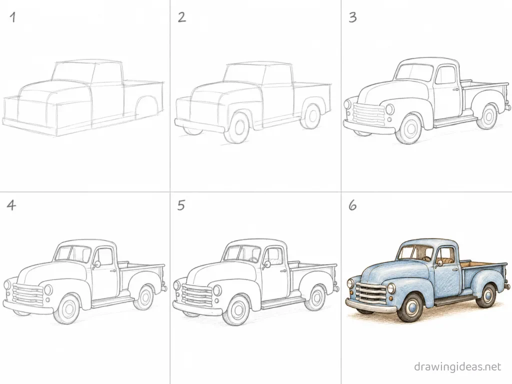 How to draw a truck step by step — 6-step truck drawing tutorial grid