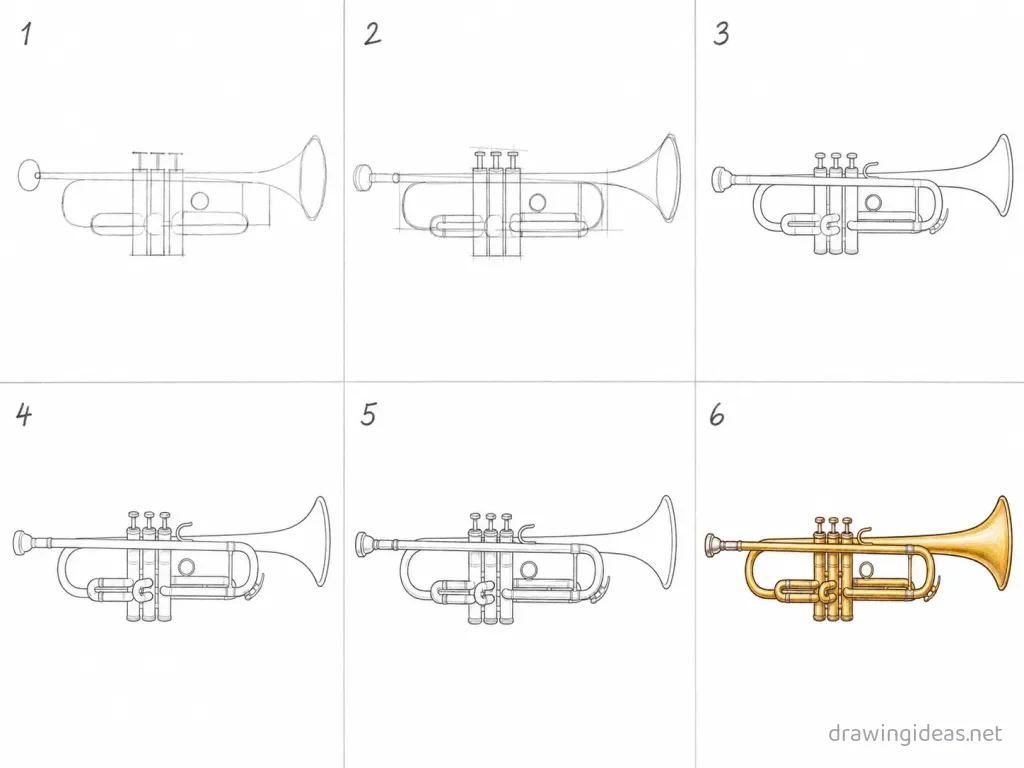 How to draw a trumpet step by step — 6-step trumpet drawing tutorial grid