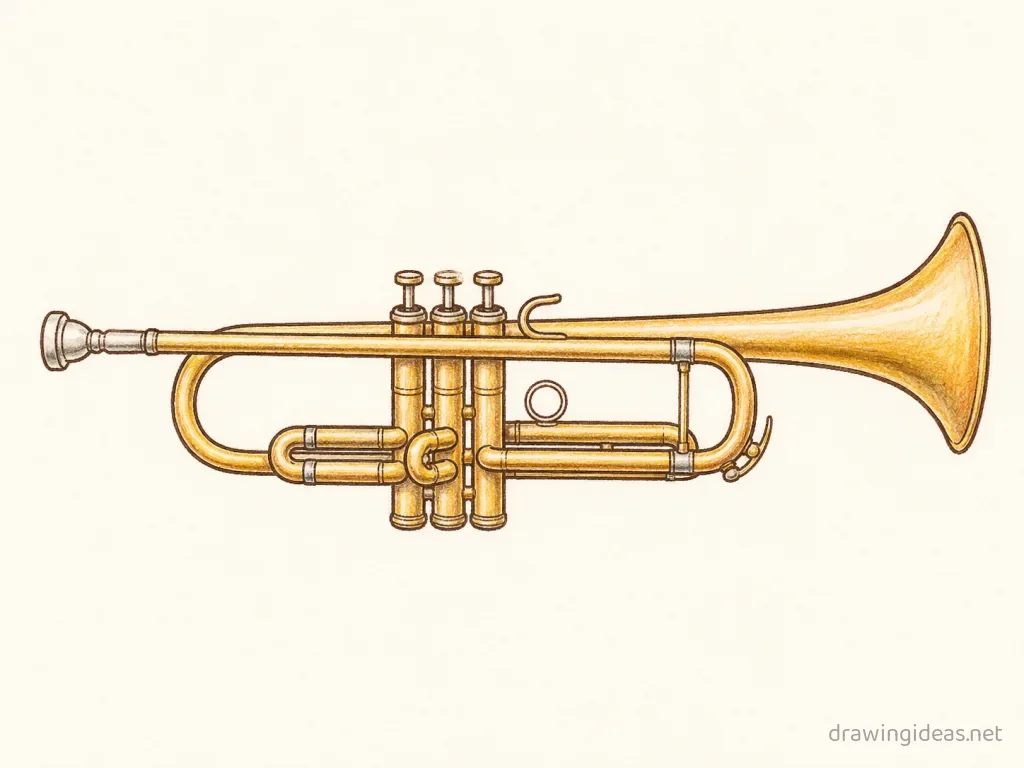 Trumpet drawing — hand-drawn trumpet illustration with ink lines and soft colors