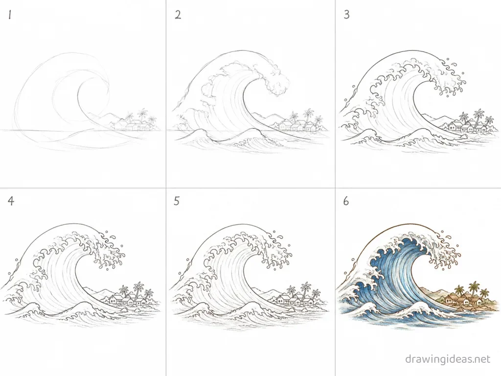 How to draw a tsunami step by step — 6-step tsunami drawing tutorial grid