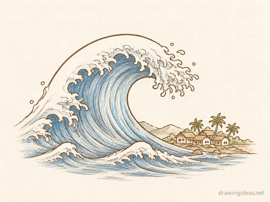 Tsunami drawing — hand-drawn tsunami illustration with ink lines and soft colors