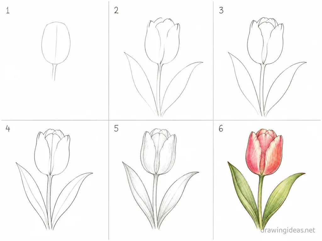 How to draw a tulip step by step — 6-step tulip drawing tutorial grid