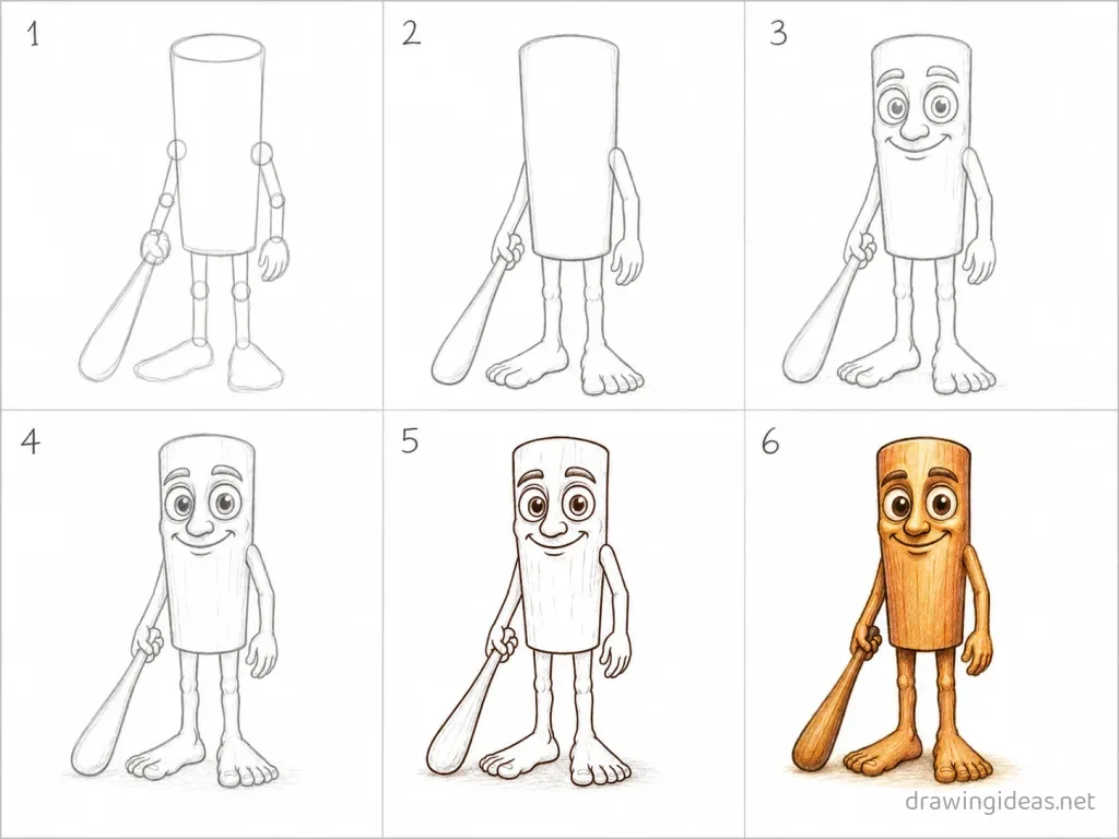 How to draw Tung Tung Tung Sahur step by step — 6-step Tung Tung Tung Sahur drawing tutorial grid