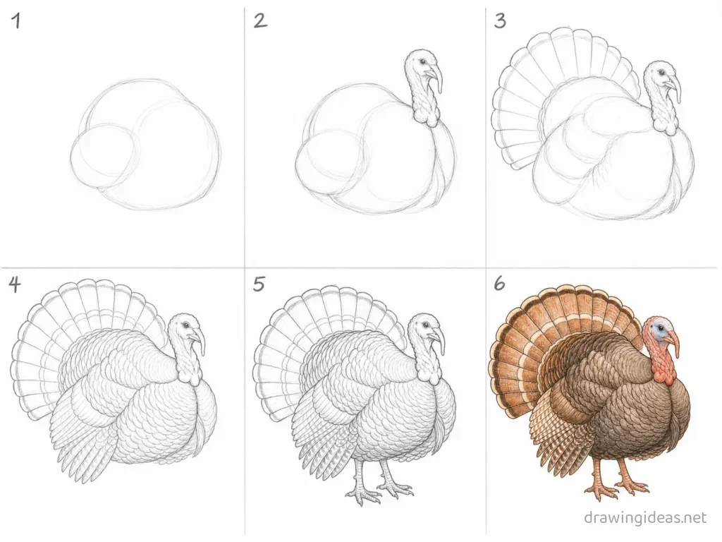 How to draw a turkey step by step — 6-step turkey drawing tutorial grid