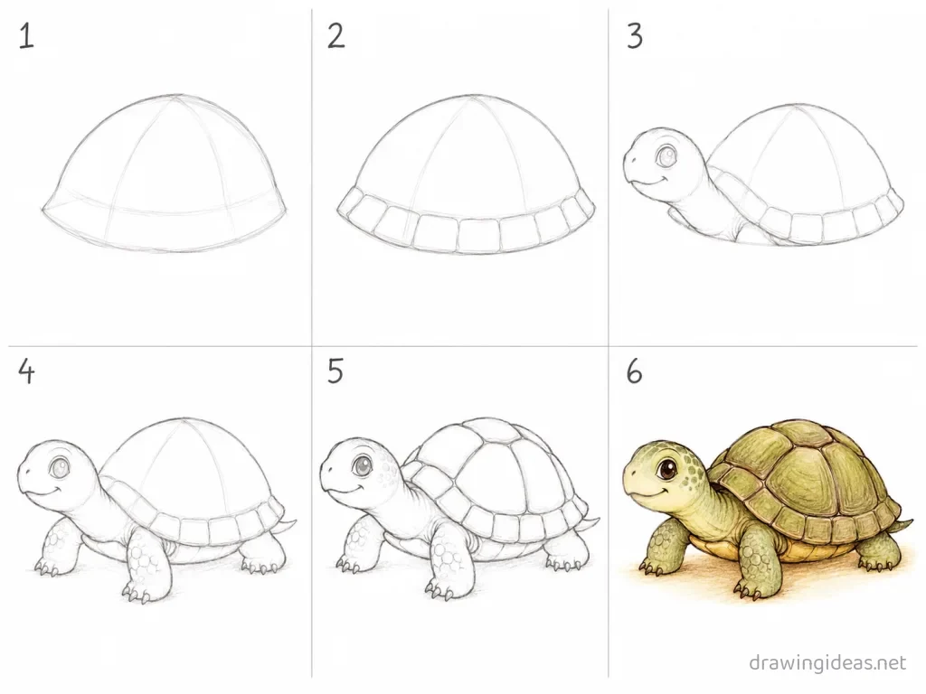 How to draw a turtle step by step — 6-step turtle drawing tutorial grid