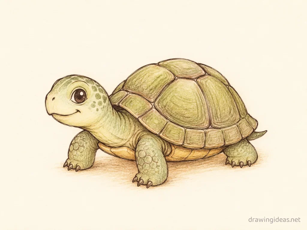 Turtle drawing — hand-drawn turtle illustration with ink lines and soft colors