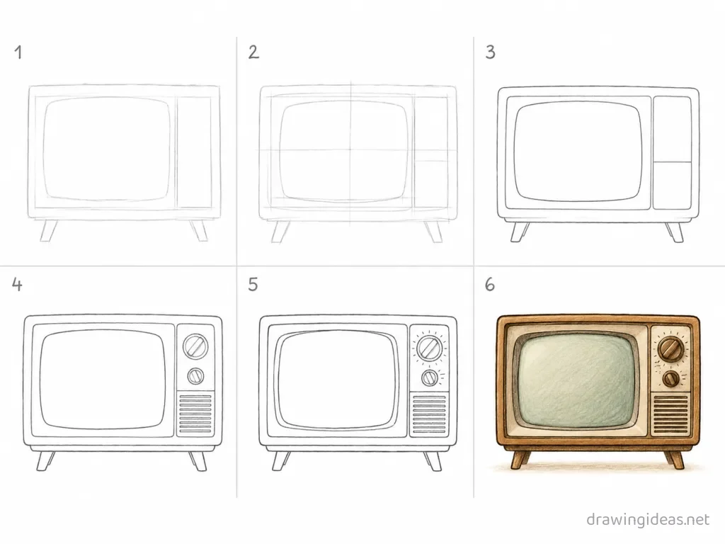 How to draw a tv step by step — 6-step tv drawing tutorial grid