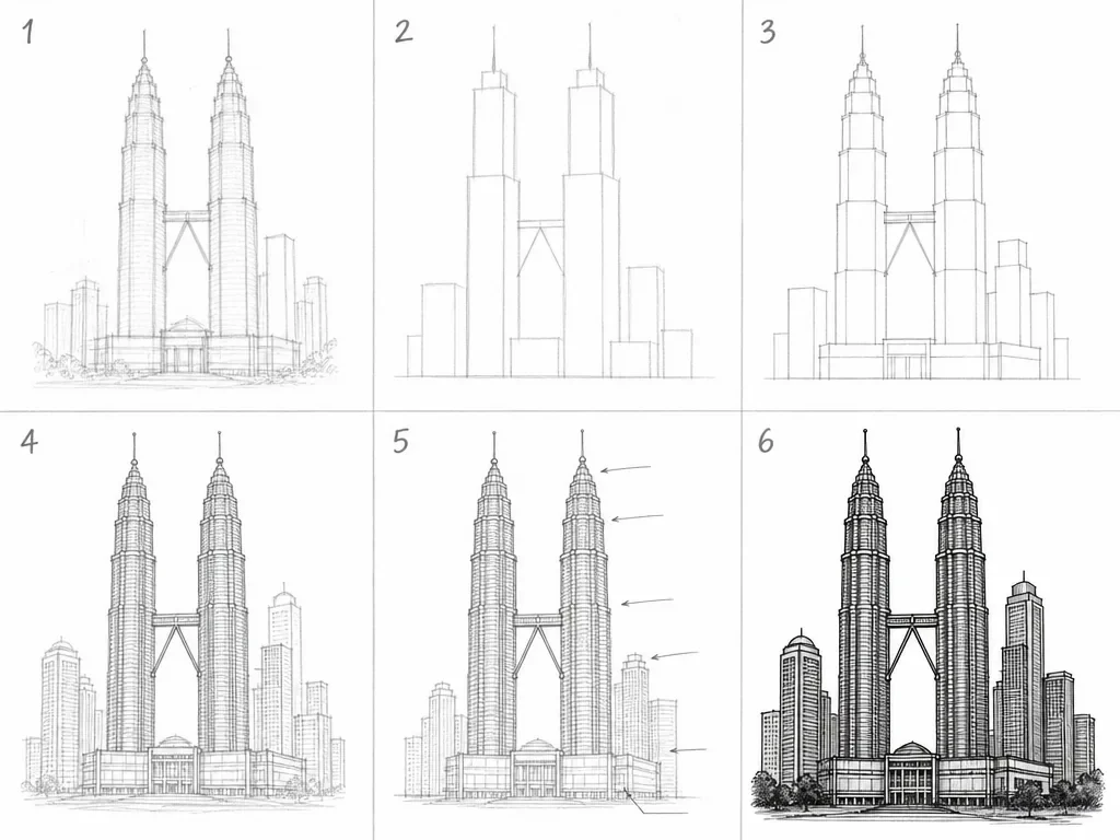 How to draw the Twin Towers step by step — 6-step Twin Towers drawing tutorial grid