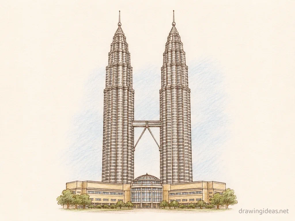 Twin Towers drawing — hand-drawn Twin Towers illustration with ink lines and soft colors