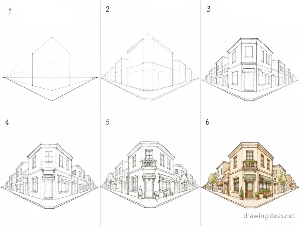 How to draw two point perspective step by step — 6-step two point perspective drawing tutorial grid