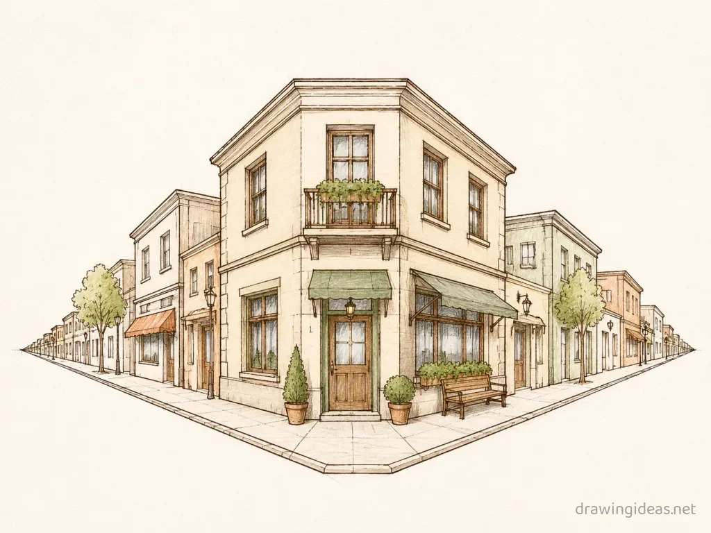 Two Point Perspective drawing ā hand-drawn two point perspective illustration with ink lines and soft colors