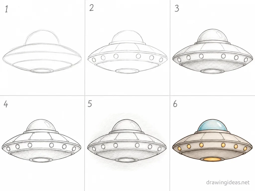 How to draw an ufo step by step — 6-step ufo drawing tutorial grid