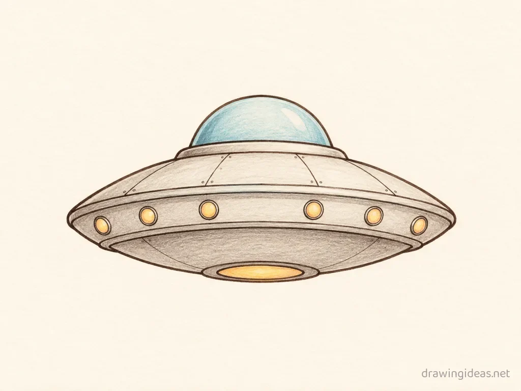Ufo drawing — hand-drawn ufo illustration with ink lines and soft colors