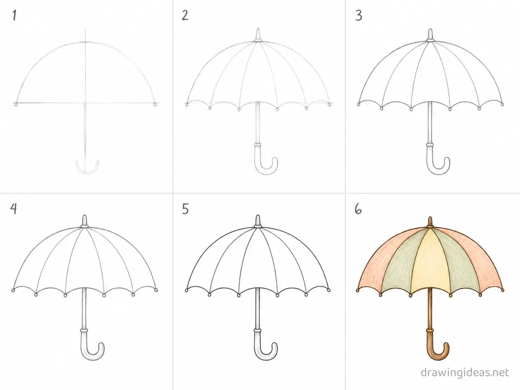 How to draw an umbrella step by step — 6-step umbrella drawing tutorial grid