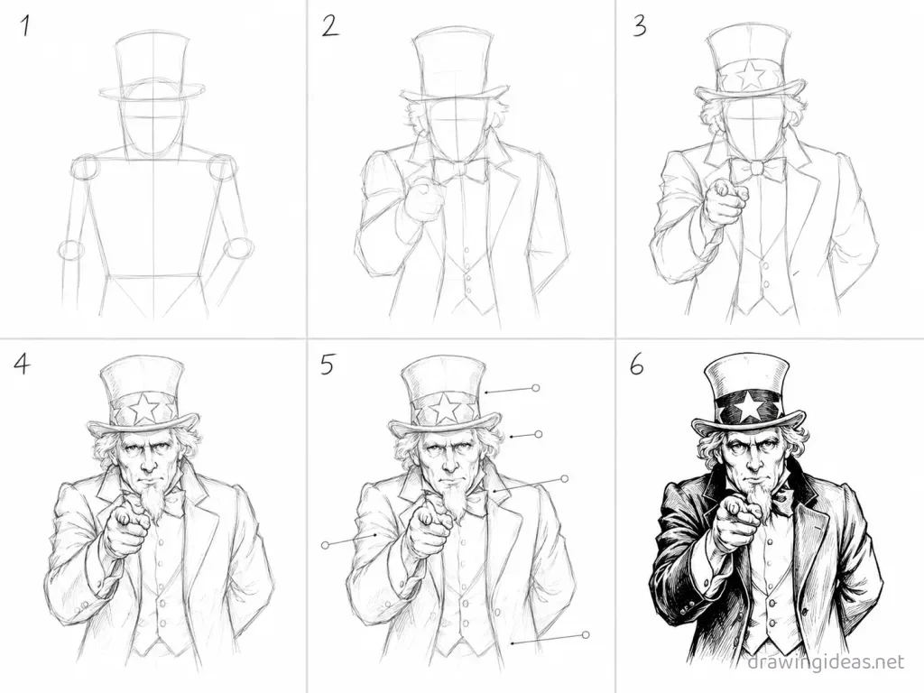 How to draw Uncle Sam step by step — 6-step Uncle Sam drawing tutorial grid