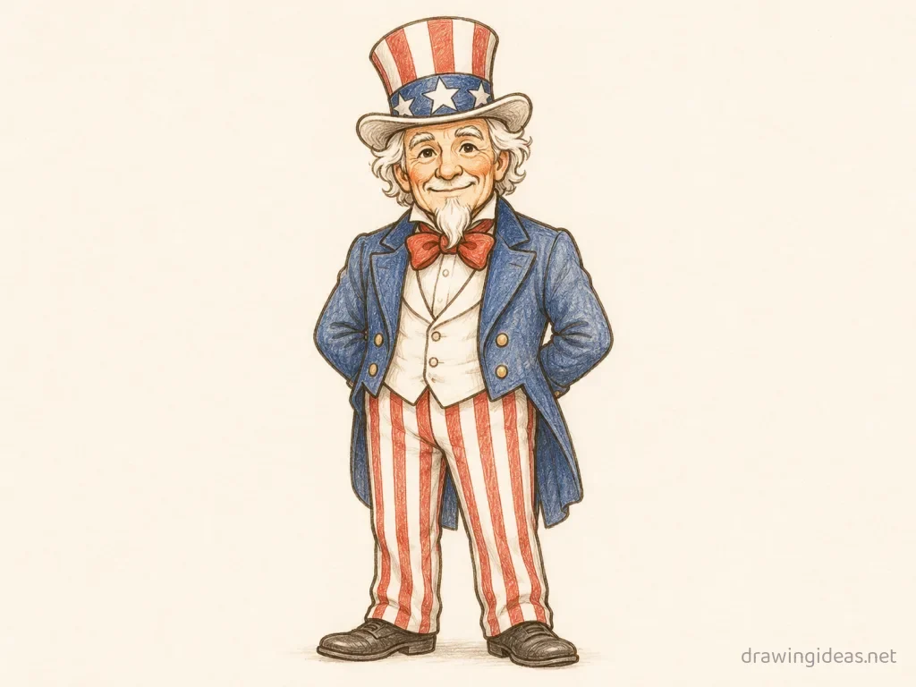 Uncle Sam drawing — hand-drawn Uncle Sam illustration with ink lines and soft colors