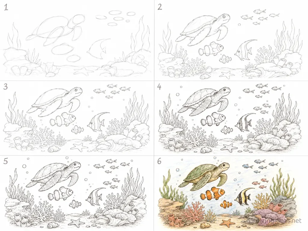 How to draw underwater step by step — 6-step underwater drawing tutorial grid