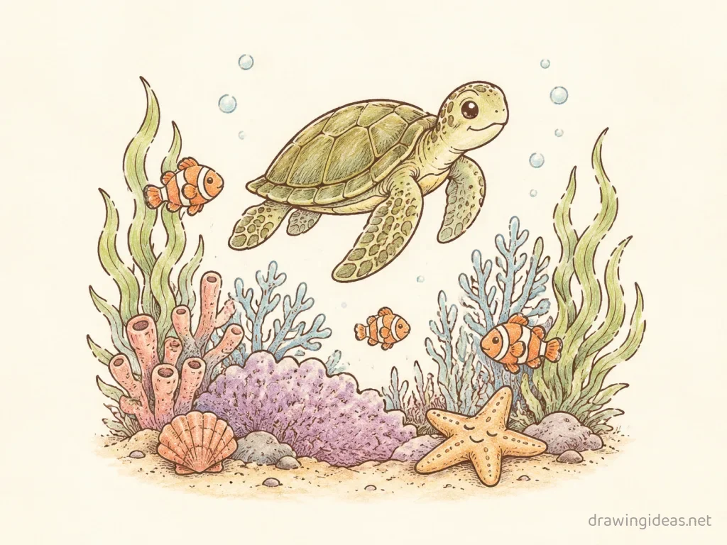 Underwater drawing — hand-drawn underwater illustration with ink lines and soft colors