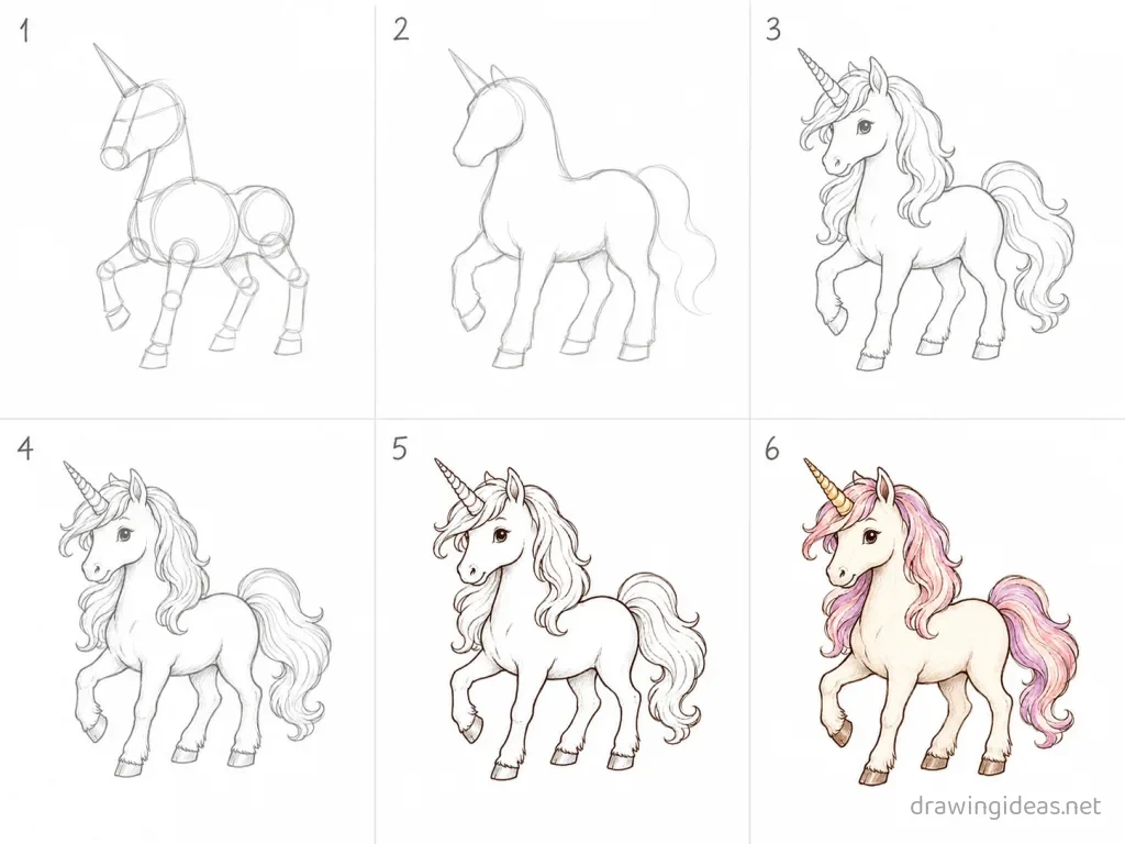 How to draw an unicorn step by step — 6-step unicorn drawing tutorial grid