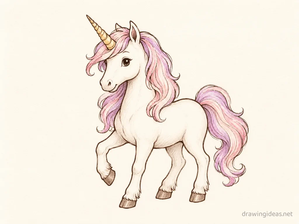 Unicorn drawing — hand-drawn unicorn illustration with ink lines and soft colors