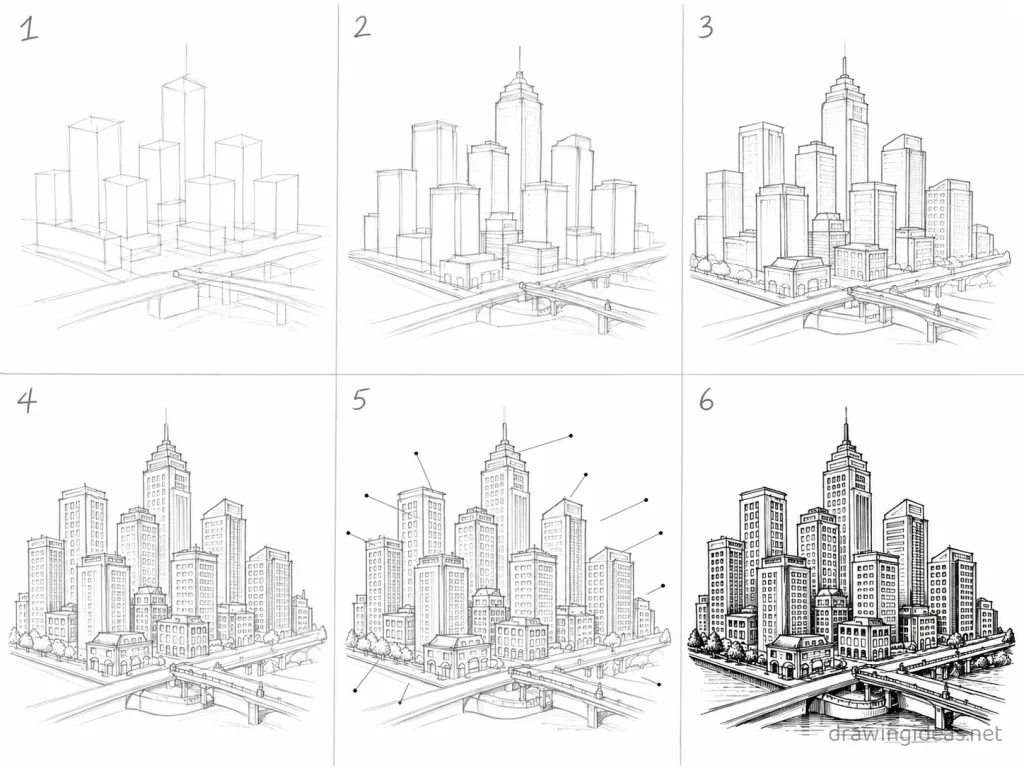How to draw urbanization step by step — 6-step urbanization drawing tutorial grid