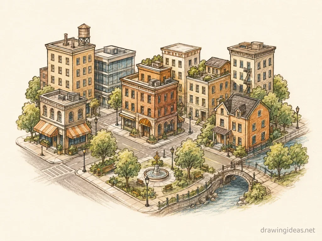 Urbanization drawing — hand-drawn urbanization illustration with ink lines and soft colors