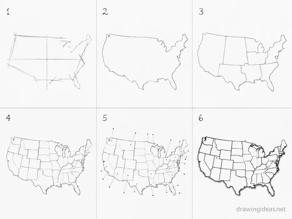 How to draw the USA step by step — 6-step USA drawing tutorial grid