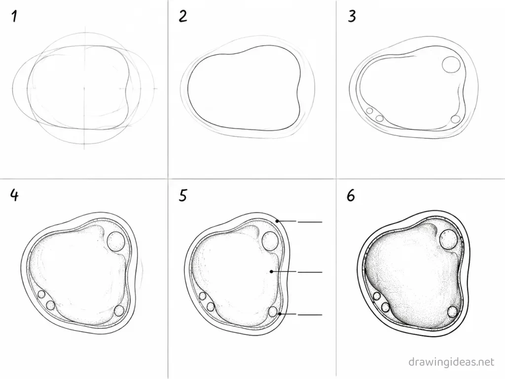 How to draw a vacuole step by step — 6-step vacuole drawing tutorial grid