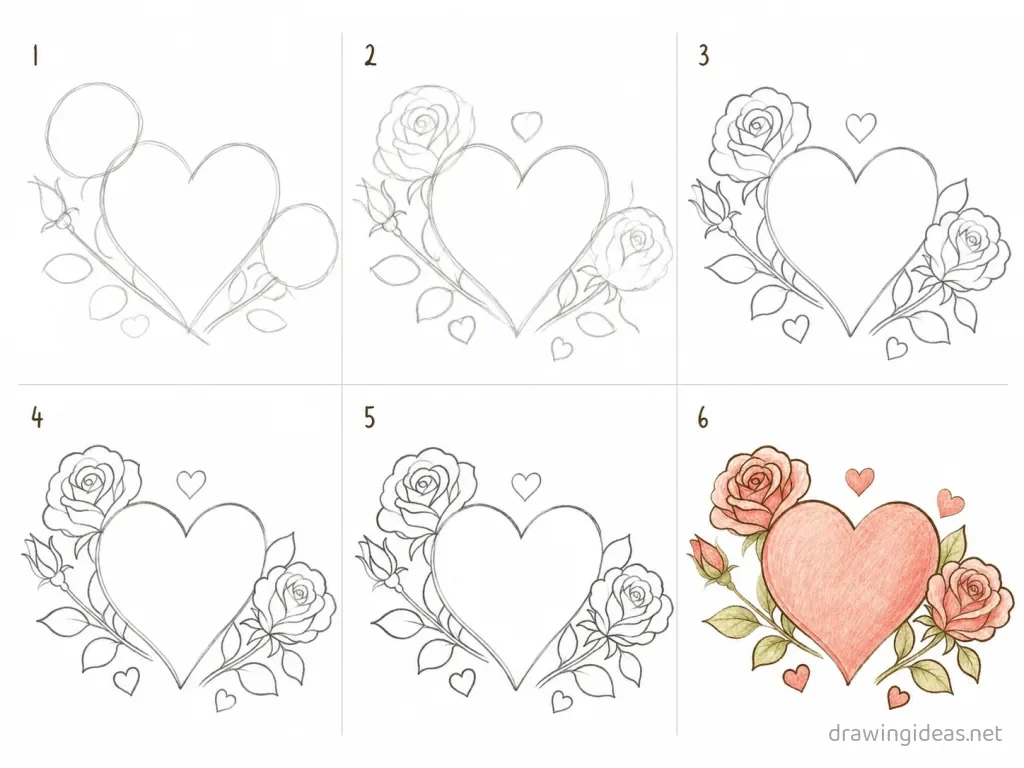 How to draw Valentines Day step by step — 6-step Valentines Day drawing tutorial grid