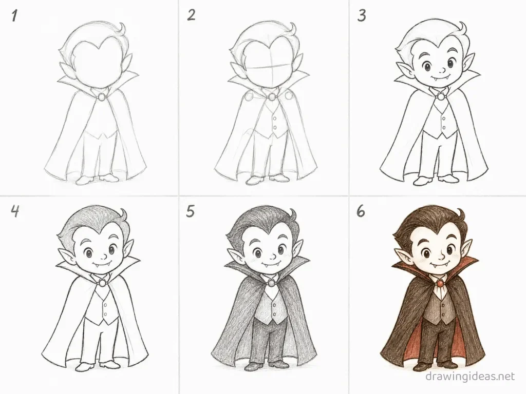 How to draw a vampire step by step — 6-step vampire drawing tutorial grid