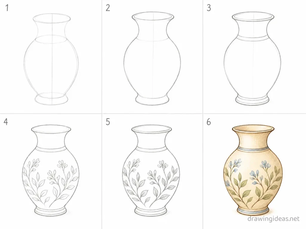 How to draw a vase step by step — 6-step vase drawing tutorial grid