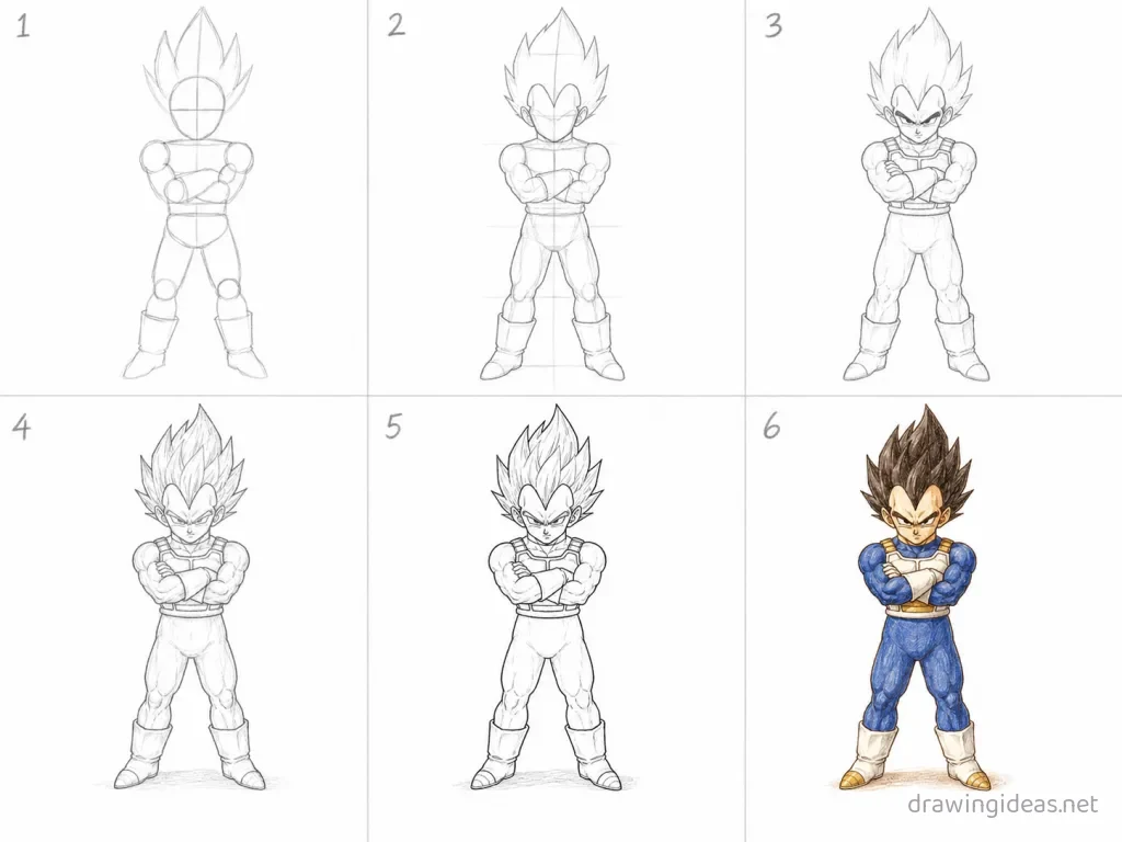 How to draw Vegeta step by step — 6-step Vegeta drawing tutorial grid