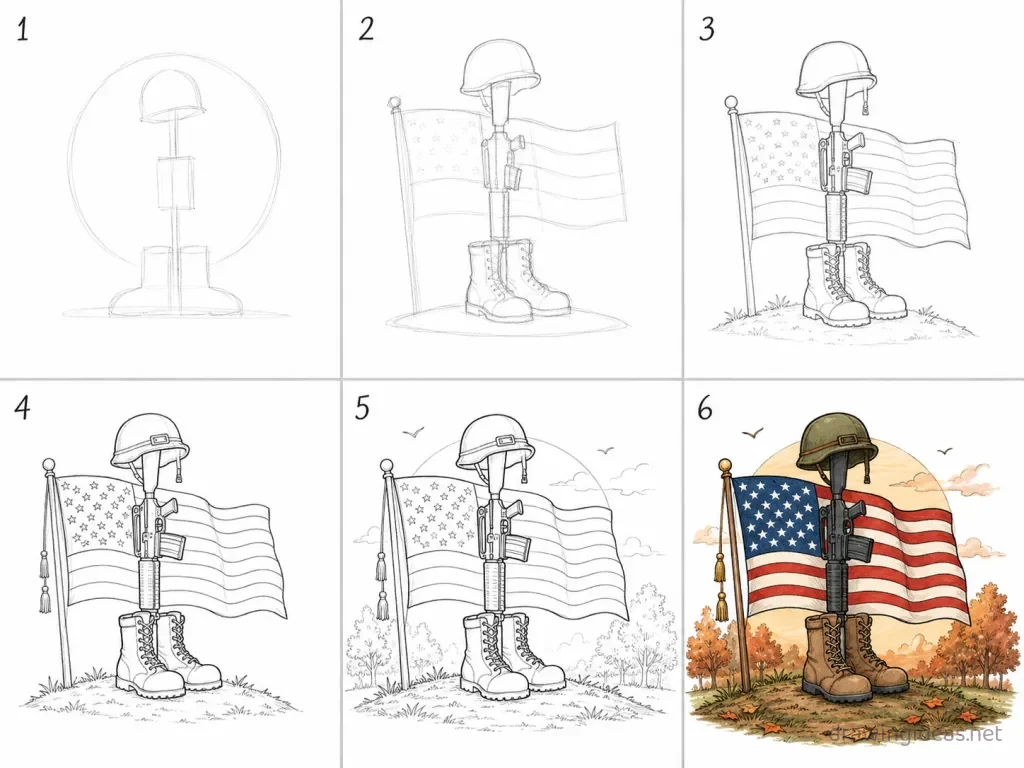 How to draw Veterans Day step by step — 6-step Veterans Day drawing tutorial grid