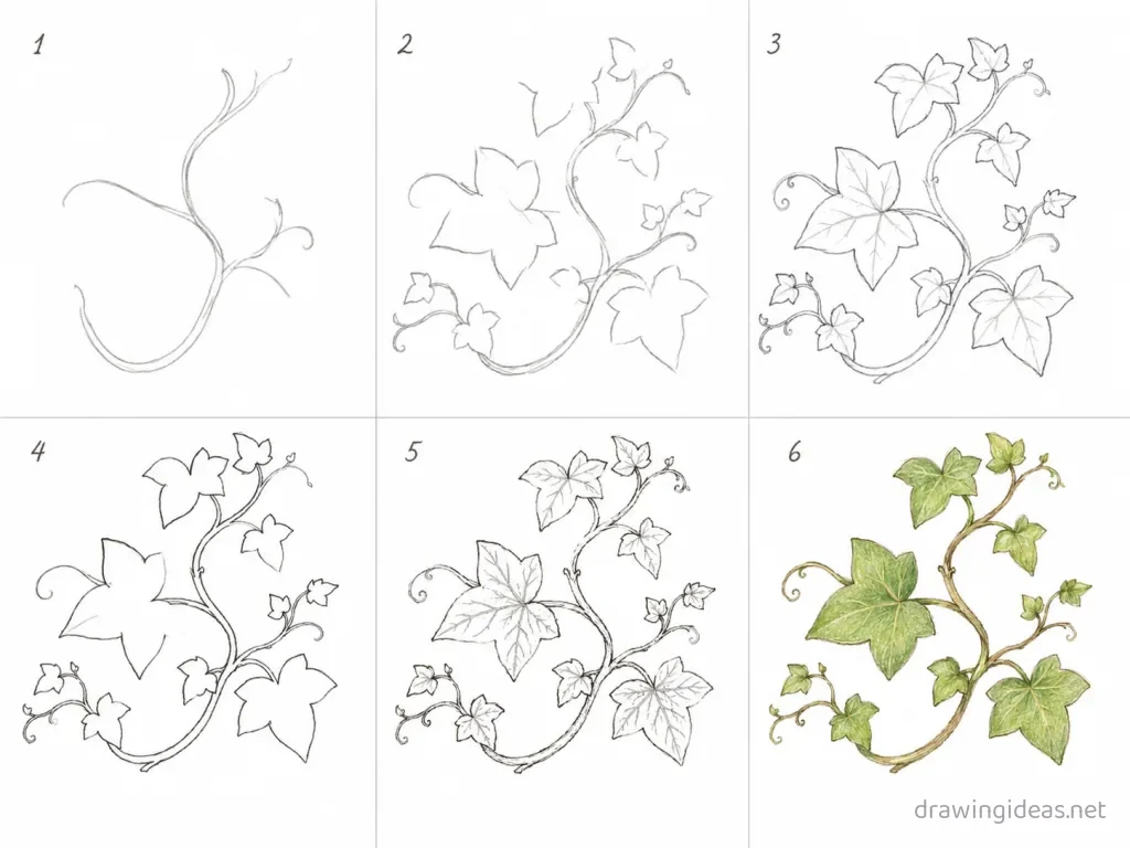 How to draw a vine step by step — 6-step vine drawing tutorial grid