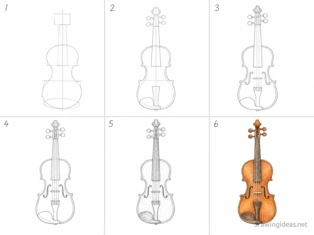 How to draw a violin step by step — 6-step violin drawing tutorial grid