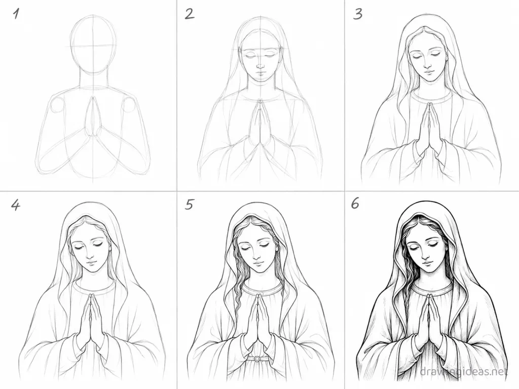 How to draw Virgin Mary step by step — 6-step Virgin Mary drawing tutorial grid