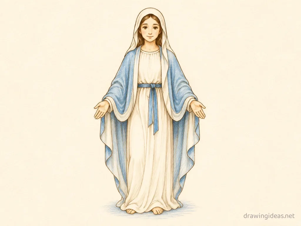 Virgin Mary drawing — hand-drawn Virgin Mary illustration with ink lines and soft colors