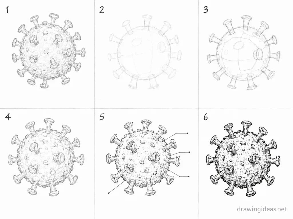 How to draw a virus step by step — 6-step virus drawing tutorial grid