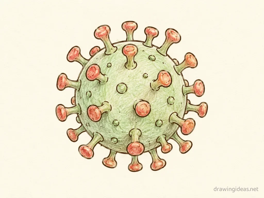 Virus drawing — hand-drawn virus illustration with ink lines and soft colors