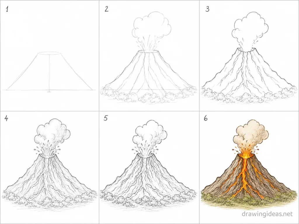 How to draw a volcano step by step — 6-step volcano drawing tutorial grid